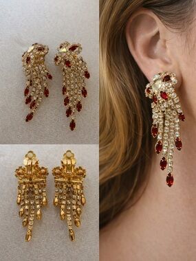 Gold-Tone Red Crystal Cascade Clip-On Earrings